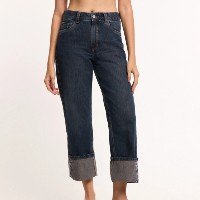 Calça Reta em Jeans com Faixa Afivelada e Barra Dobrada Azul