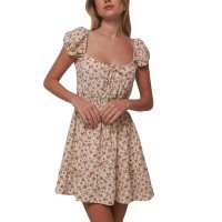 Vestido Feminino Curto Romântico Floral com Manga Bufante Verão - Bege