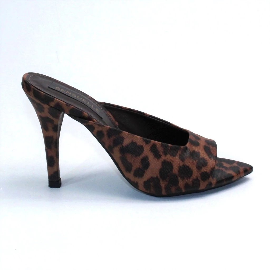 SANDALIA TAMANCO MULE FEMININO BICO FOLHA SALTO ALTO ANIMAL PRINT ONÇA