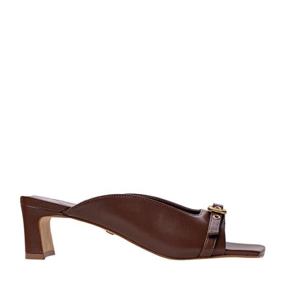 Open Mule Carrano Minimal Fivela Salto Pilar Couro Marrom Brunette