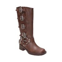Botas Femininas Retrô Jeans Marrom - Cano Alto com Fivela e Bico Redondo