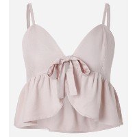 Blusa em Viscose Twill com Amarração no Busto e Babado na Barra Rosa