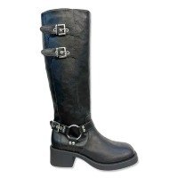 Botas Femininas Retrô Jeans Marrom - Cano Alto com Fivela e Bico Redondo