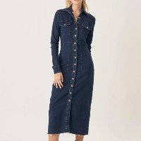 Vestido Midi Jeans Confort Acinturado e Botões Azul Escuro - Azul Escuro