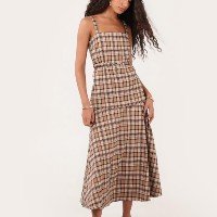 Vestido midi xadrez com cinto bege | Missinclof + Riachuelo