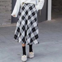 Outono Inverno Saia Xadrez De Lã Feminina Larga Retrô Comprimento Médio Cin
