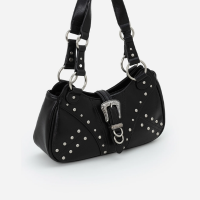 Bolsa Baguete Western em PU com Fivela Frontal e Alças Detalhadas Preto