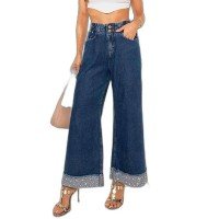 CALÇA JEANS PANTACOURT CLOCHARD FEMININA CINTURA ALTA BARRA APLICAÇÃO 23033