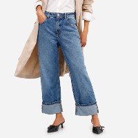 calça reta jeans cintura média barra dobrada azul - 36