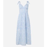 Vestido Evasê Midi em Laise com Bordado Vazado de Folhagem Azul