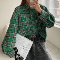 Blusa Feminina Retrô Solta 2024 Outono Xadrez Manga Comprida Bolso Camisa t