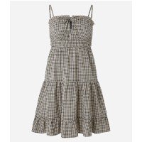 Vestido Curto em Tricoline Xadrez com Lacinho no Busto Marrom