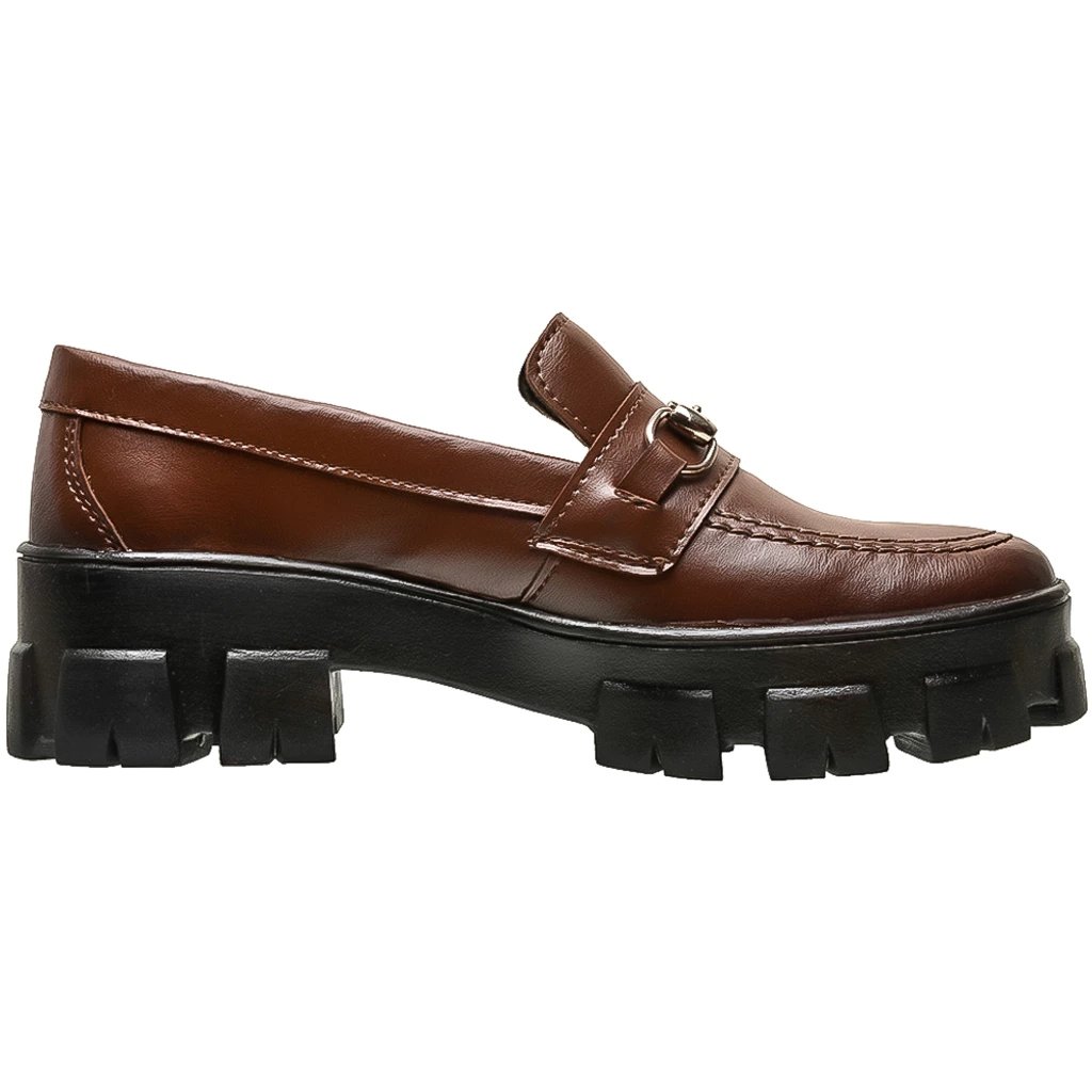 Sapato Mocassim Feminino de Couro Tratorado Com Solado Alto Sapato Platafor