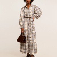 Vestido Evasê Longo em Cambraia Xadrez com Cinto Fino Cinza