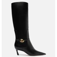Bota Preta Couro Salto Baixo Cano Longo Metal