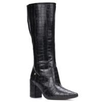 Bota Feminina Animal Print Cano Longo Bico Fino Salto Grosso - Domidona