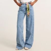 Calça Wide Leg em Jeans com Cinto Lenço e Ilhós Azul