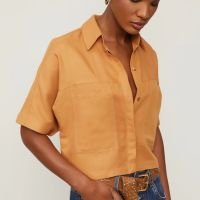 Camisa Manga Curta Com Linho Marrom