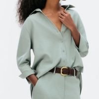 camisa feminina manga 7/8 com linho - verde