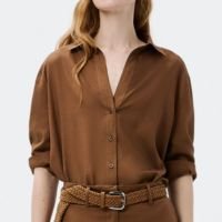 camisa feminina manga 7/8 com linho - marrom