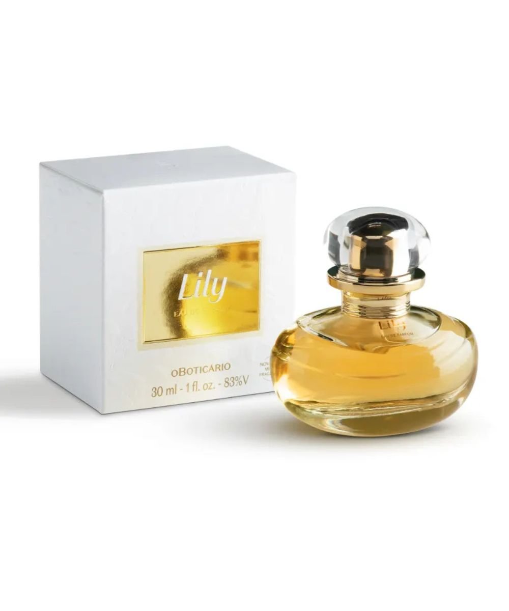 Frasco de perfume Lily de 30 ml ao lado de sua embalagem. Parte dos perfumes nacionais.