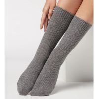 Meia Curta Canelada Em Lã e Cashmere - Cinza