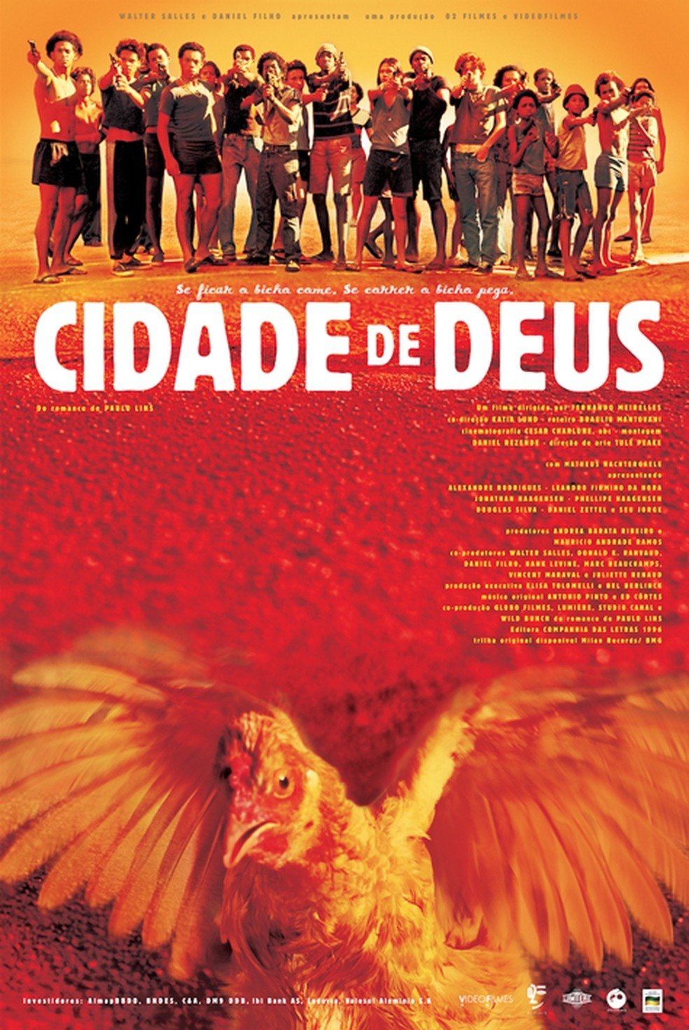 Grupo de jovens armados em fundo vermelho, acima do título