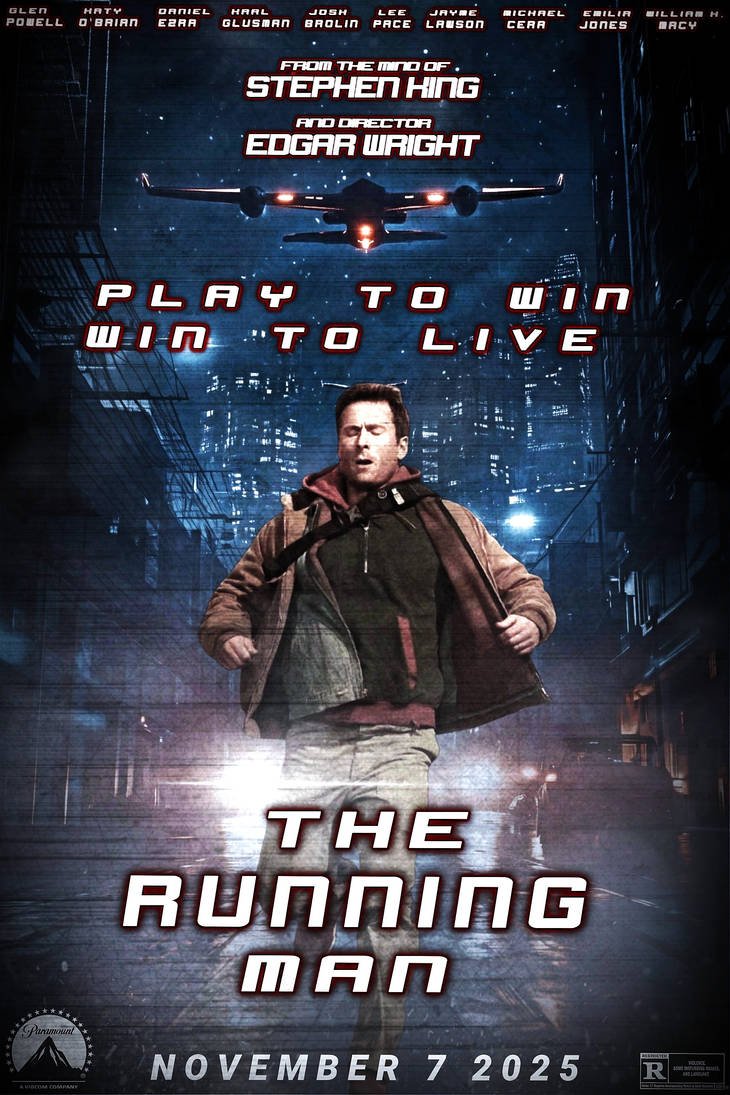 Homem correndo em cidade futurista com aeronave ao fundo. Texto: 