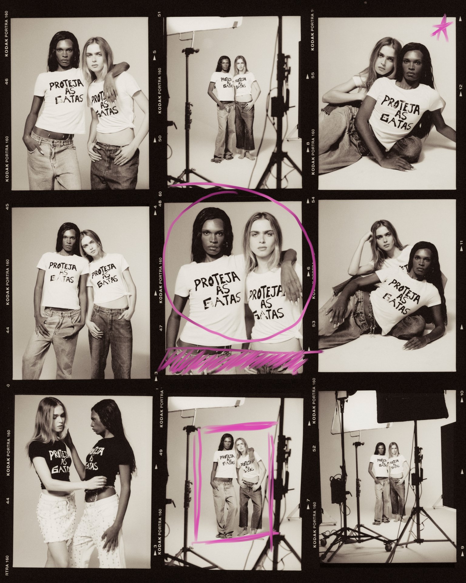 Duas pessoas em fotos estilizadas vestem camisetas com a frase