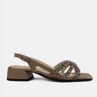 Sandália Tiras e Detalhe em Strass em Couro Bege