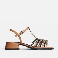 Sandália com Salto Multitiras com Aplicações em Couro Pecan