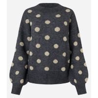 Suéter em Tricô com Manga Ampla e Estampa Poá Cinza