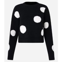 Suéter Curto em Chenille Jacquard com Cava Deslocada e Estampa Poá Preto