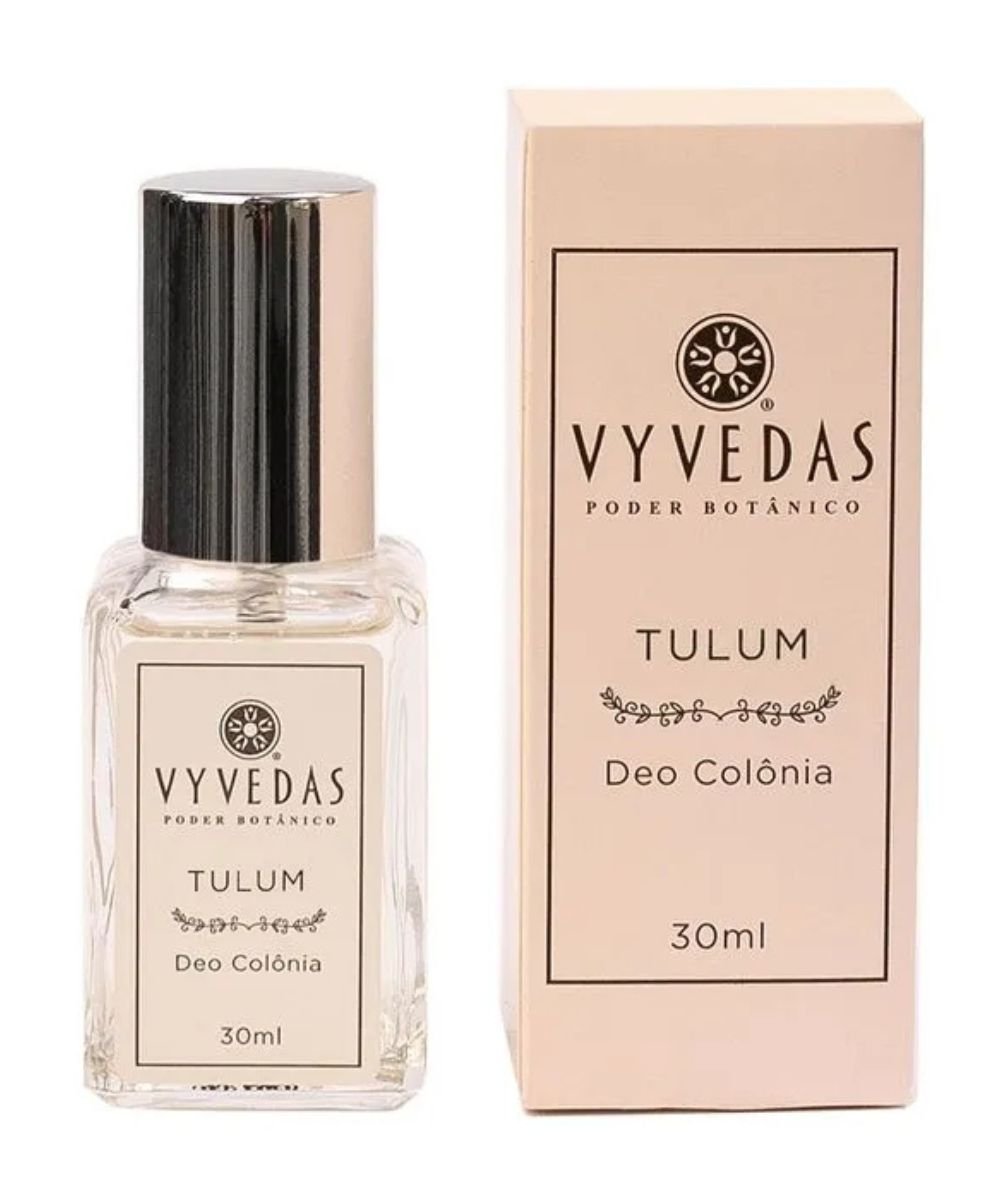 Frasco e caixa da colônia Vyvedas Tulum, exemplo de perfumes nacionais, com design elegante e minimalista.