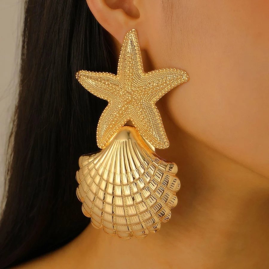 Brincos femininos estilo praia, concha dourada, estrela do mar, moda retrô