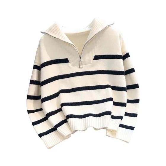 Outono inverno moda listrado com zíper lapela manga longa solta casual cami