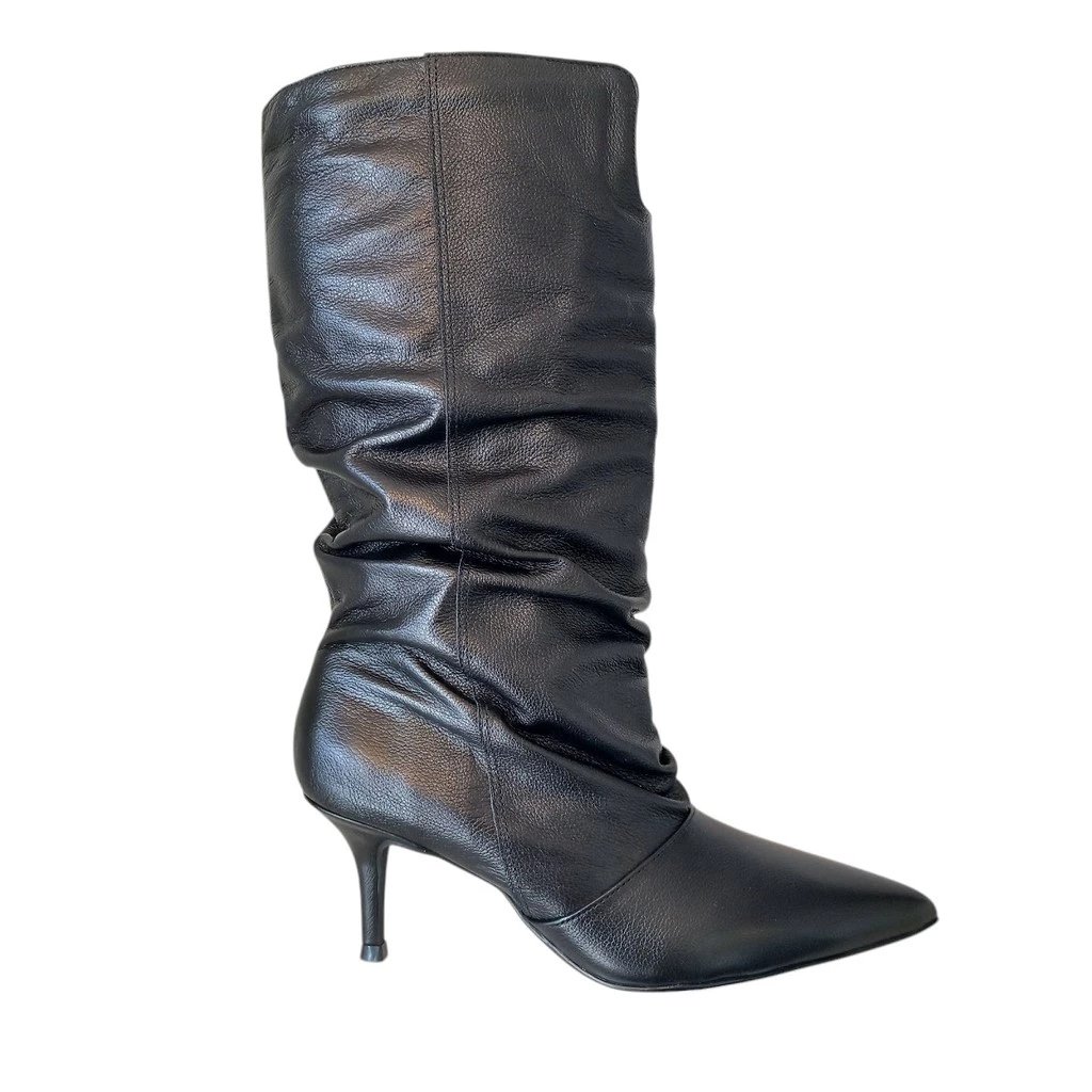 Bota Feminina Franzida Enrugada Preta Cano Sanfonada Salto Fino Bico Fino C