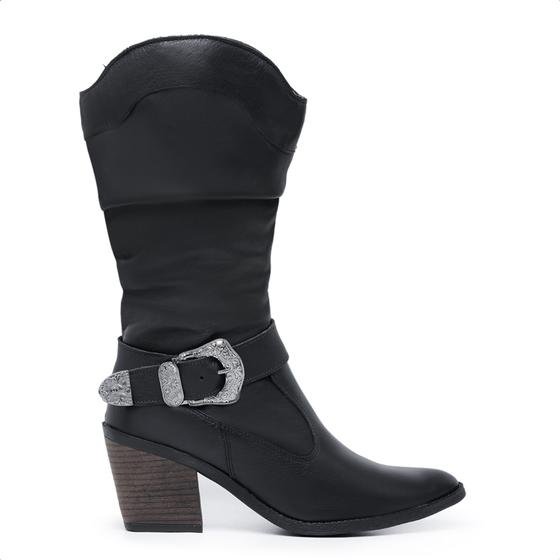 Bota Texana Cano Médio de Couro Franzido Bico Fino Preto Mod.3015 Tróia - K