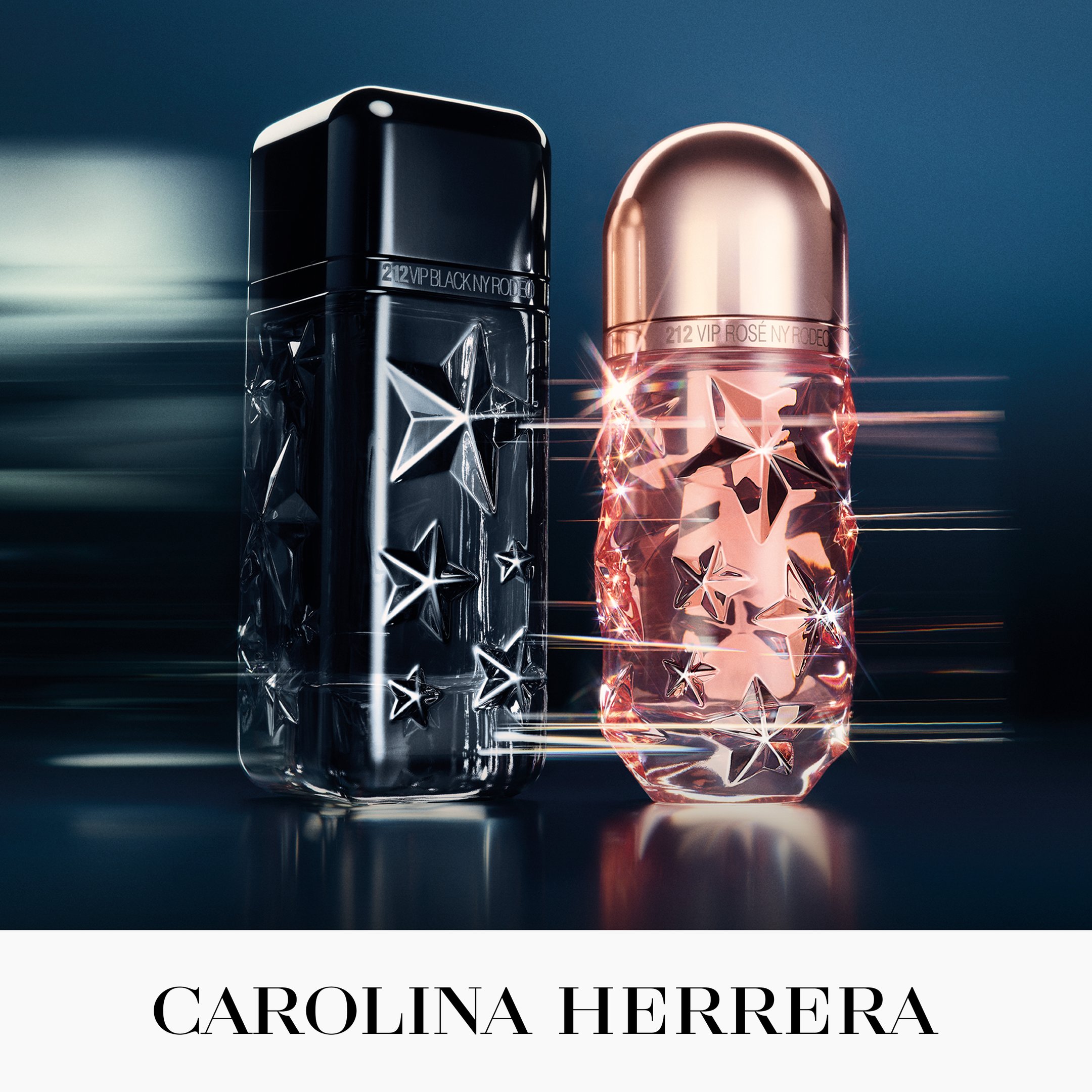 Frascos de perfume Carolina Herrera 212 VIP Black e Rose com detalhes de estrelas em fundo escuro.