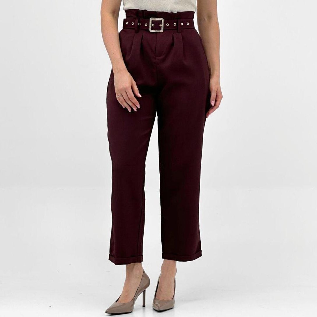 Calça Oulusha Reta Alfaiataria com Cinto Feminina - Bordô