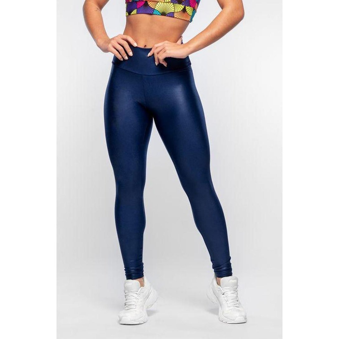 Calça Legging Cirre Cintura Alta Brilho Molhado Couro - Marinho