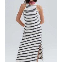 vestido midi listrado com fenda - azul