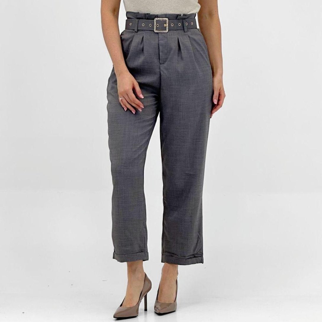 Calça Oulusha Reta Alfaiataria com Cinto Feminina - Cinza