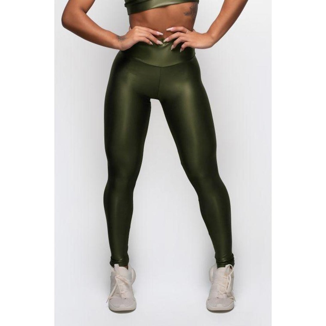 Calça Legging Cirre Cintura Alta Brilho Molhado Couro - Verde
