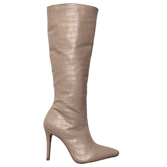 Bota feminina cano alto salto fino croco bege/caramelo - Taty Morena calçad