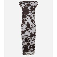 Vestido Reto Midi Ombro a Ombro e Estampa Animal Print Cinza/Marrom