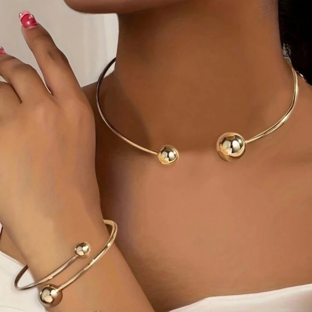 Kit Choker Aro Bola Chic Bracelete e Brinco Ouro Prata
