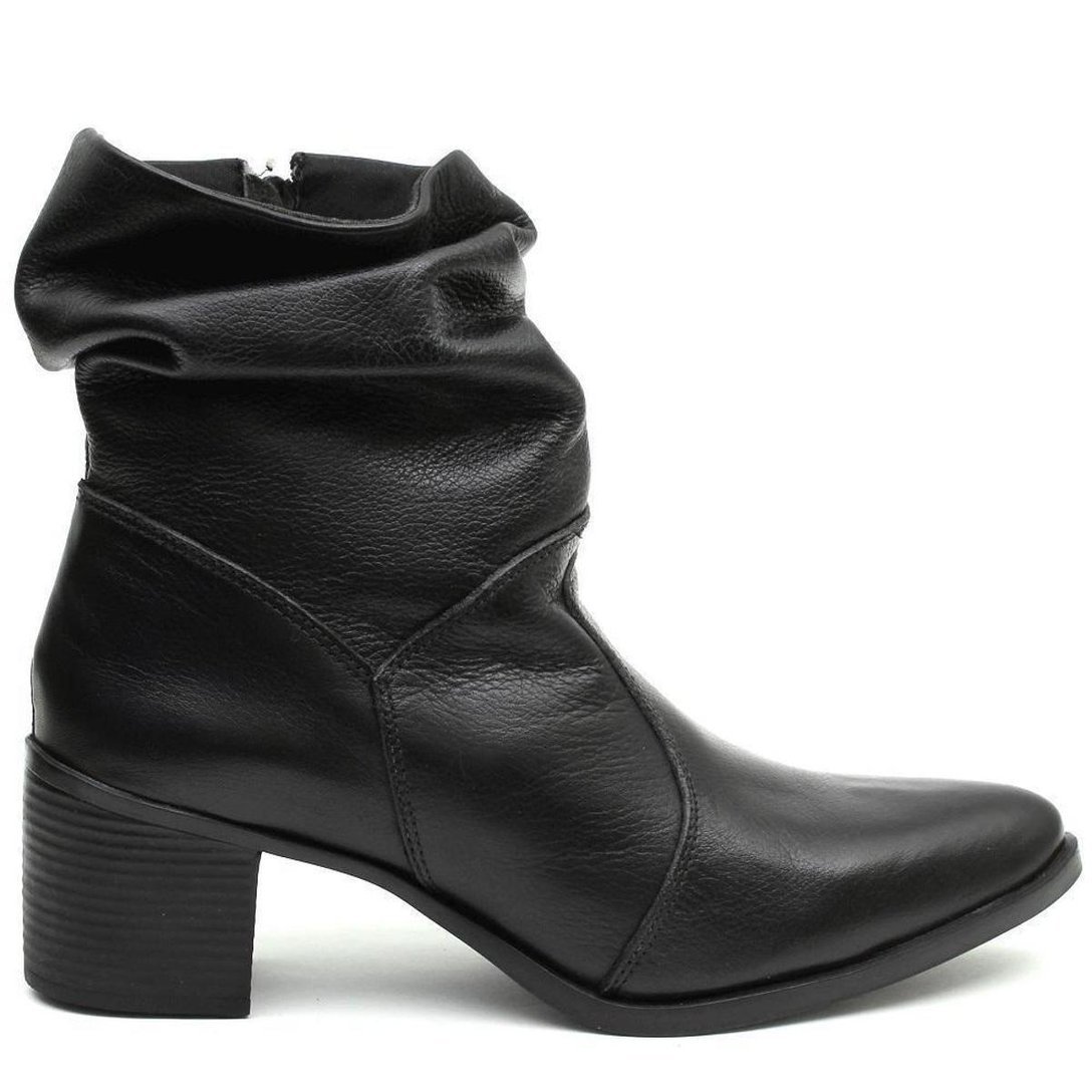 Bota Couro Venetto Sanfonado Bico Fico Feminina - Preto