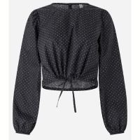 Blusa Cropped em Tricoline Poá com Amarração na Barra Preto