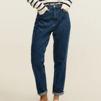 Calça Mom em Jeans com Cintura Alta e Costura Aparente Azul